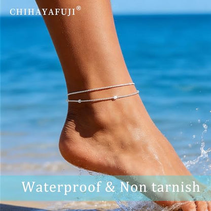 Sterling Silver Ankle Bracelets for Women 14k Gold Waterproof Layered Stackable Non Tarnish Dainty Heart Charm Large Adjustable Anklet for Summer Beach Jewelry Gift - color: SilverC