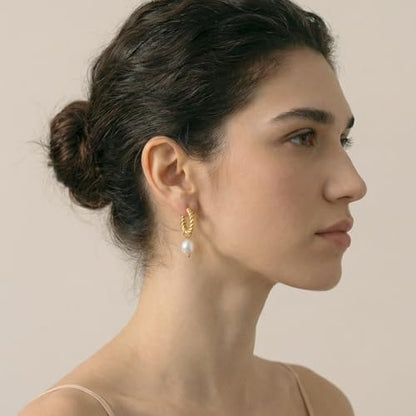 Pearl Earrings VeroSteel Dangle Earrings for Women, Dainty 14k Gold Huggie Hoop Earrings with Pearls, Trendy Pearl Drop Earrings, Stainless Steel Hypoallergenic Stud Earrings For Sensitive Ears - style: Twisted