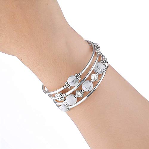 Beaded Pearl Bangle Wrap Bracelet - Fashion Bohemian Jewelry Multilayer Charm Bracelet with Thick Silver Metal Beads, Gift For Women - color: Howlite