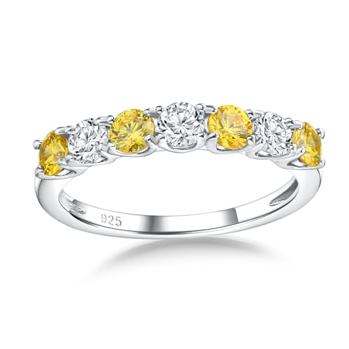 Birthstone Wedding Band Eternity Rings 925 Sterling Silver Rings Stackable Anniversary Engagement Rings Cubic Zirconia Inlaid Created Garnet/Amethyst/Sapphire Ring 7 Stone Ring, Size 6 to 10 - color: Citrine & 5A CZ