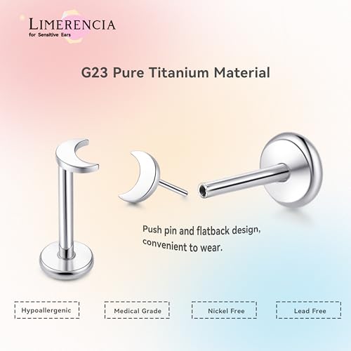 limerencia Titanium Threadless Flat Back Earrings Stud Piercing Jewelry | 20G Press Fit Titanium Push Pop in Cartilage Tragus Labret Lip Medusa Conch Piercing Jewelry Hypoallergenic for Women Men - style: Moon Silver