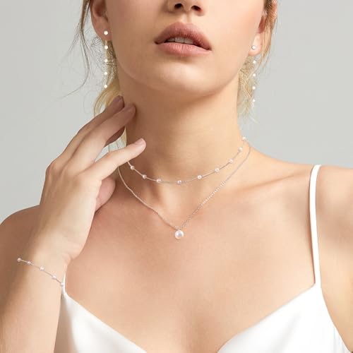 Zeffy Gold Pearl Necklace for Women, Dainty 14K Gold/Silve Plated Layered Pearl Choker Pearl Earrings Pearl Bracelets Wedding Trendy Gold Jewelry Set for Women Gifts - style: Silver Pearl Necklace&Drop Earring&Bracelet-4PCS