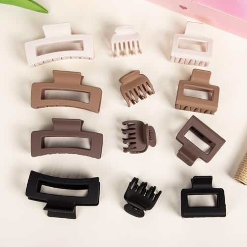 12 Pcs Hair Clips for Women 3 Styles Small Medium Large Claw Clips for Thin Thick Hair, Strong Hold Non-Slip Matte Hair Accessories - color: Brown