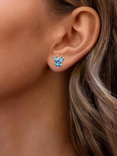 Suplight Butterfly Stud Earrings 925 Sterling Silver 14K Gold Brithstone Earrings for Women Brithstone Jewelry Gifts - color: 12.December (Blue Topaz), size: Silver