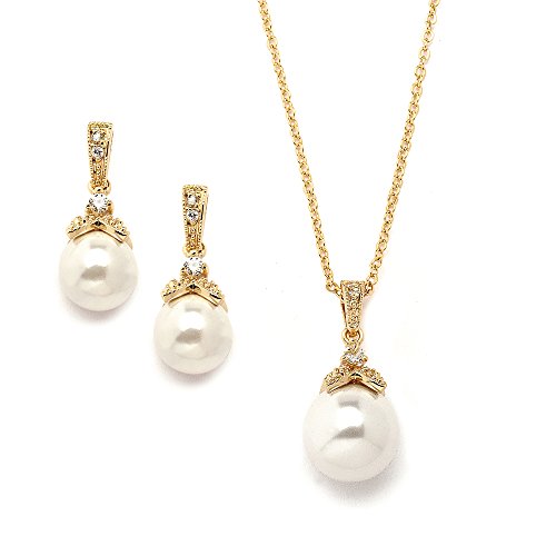 Mariell Pearl Drop Bridal Necklace Earrings Set with CZ Crystals for Bride, Bridesmaid, Birthday Gift - color: Gold Necklace Earrings Set