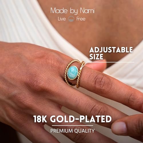 Made by Nami Adjustable Gold Plated Gemstone Ring for Women Handmade Boho Stacking Rings Chunky Open Band Turquoise Statement Jewelry Unique Minimalist Design for Everyday or Special Occasions - style: Double Row Turquoise Stone