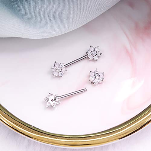 14G Opal Flower CZ Nipple Barbell Nipple Ring Piercing Jewelry for Women - color: silver cz