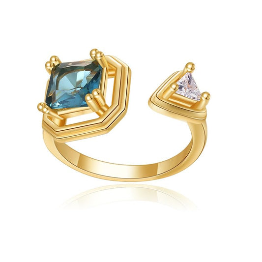 Square Blue Rhinestone Wrap Open Band Statement Ring for Women Stackable Dainty Asymmetric Geometric Triangle Crystal Adjustable Finger Rings Engagement Promise Wedding Cocktail Party Fashion Jewelry