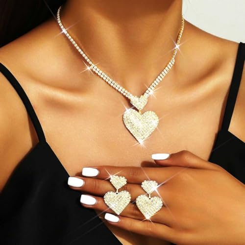 Crystal Heart Bridal Wedding Jewelry Set Silver Rhinestone Necklace Earrings Bracelet Sets Formal Costume Jewelry for Women and Brides - color: Gold Necklace Earrings