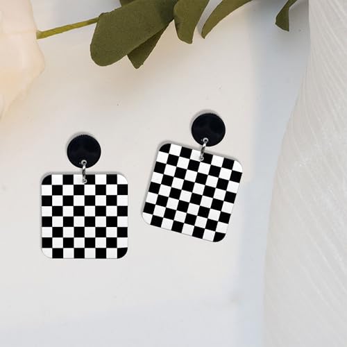 KaFu Checkerboard Earrings for Women 70s 80s Retro Acrylic Black White Striped Checkered Geometric Dangle Earrings Resin Rectangle Earrings Statement Jewelry - color: style-5