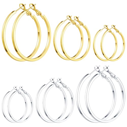 5/12 Pairs Gold Silver Plated Hoop Earrings for Women, Hypoallergenic Stainless Steel Hoops Earrings Set, Lightweight Large Small Hoops Women Earrings Loop Earrings Set - color: 6 Pairs Gold Silver Plated Square Wire Hoop Earrings
