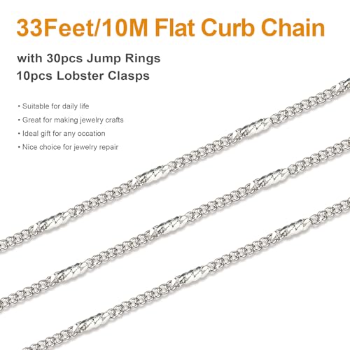 Kyutong Thin Curb Chains Bulk on Spool Silver Chain for Jewelry Making | 32.8 Feet 304 Stainless Steel Jewelry Chain with Clasps Men Women Necklace Bracelet Making Chain Supplies - color: Flat Curb Silver
