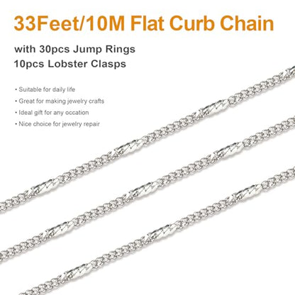 Kyutong Thin Curb Chains Bulk on Spool Silver Chain for Jewelry Making | 32.8 Feet 304 Stainless Steel Jewelry Chain with Clasps Men Women Necklace Bracelet Making Chain Supplies - color: Flat Curb Silver