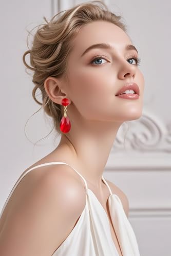Round and Teardrop Crystal Stud Dangle Earrings Hypoallergenic Gold Plated Birthstone Drop Earrings Trendy Evening Prom Pageant Jewelry Gift for Women - color: red