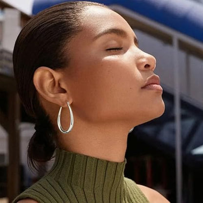 Gacimy Chunky Hoop Earrings for Women, 14K Gold Plated Oval Hoop Earrings with 925 Sterling Silver Post - color: Silver, size: 40mm