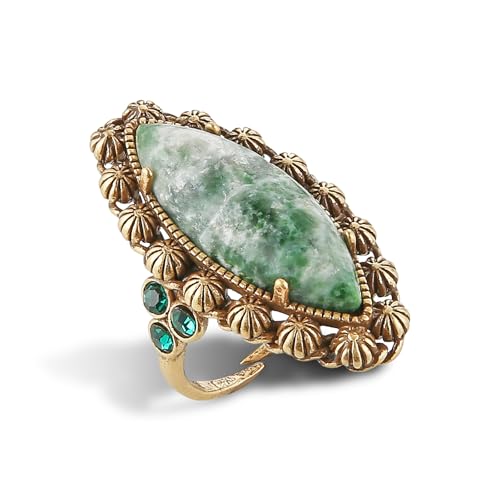 HZMAN Natural Turquoise Open Ring, Vintage Palace Style Adjustable Antique Brass Chunky Statement Ring, Handmade Jewelry for Women - color: Natural Emerald Green Stone