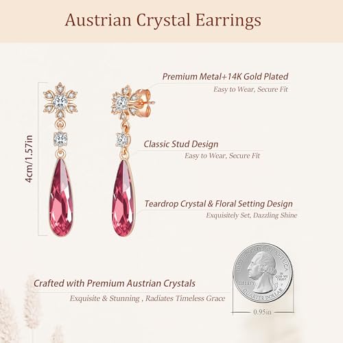 Austrian Crystal Teardrop Earrings Flower Dangle Earrings for Women 14K Gold Plated Drop Stud Earrings Hypoallergenic Jewelry - color: Rose Pink