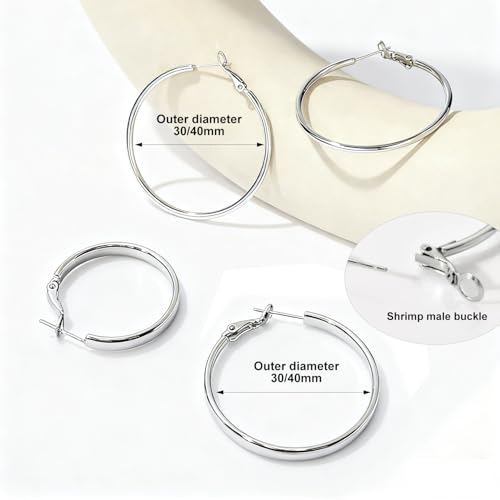 4 Pairs Silver Gold Hoop Earrings for Women | 14K Gold Plated Hoop Earrings Set Hypoallergenic Earring Lightweight Dangle Earrings Set - color: 4 Pairs Silver-(4mm Wide & Thin)