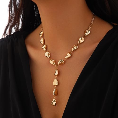 Gold Statement Lariat Necklace for Women Long Chunky Silver Y Shaped Necklace Big Baroque Shaped Drop Necklace Trendy Statement Jewelry Gift - color: gold