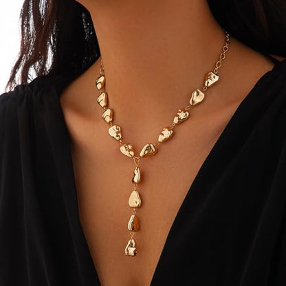 Gold Statement Lariat Necklace for Women Long Chunky Silver Y Shaped Necklace Big Baroque Shaped Drop Necklace Trendy Statement Jewelry Gift - color: gold
