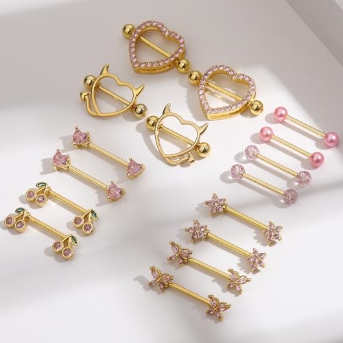 8 Pairs Gold Plated Nipple Rings for Women 14G Surgical Stainless Steel Nipple Piercing Jewelry Heart Cherry Butterfly Flower Nipple Barbells - color: Gold Tone Pink CZ