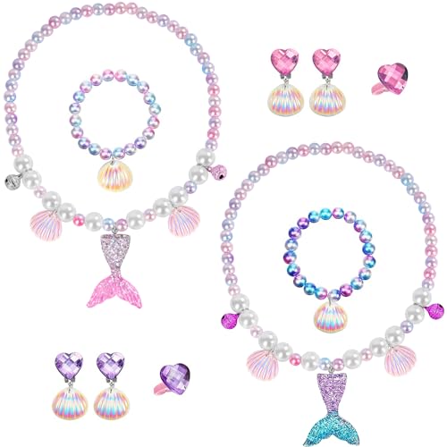 Mermaid Necklace Bracelet Set Mermaid Jewelry Kit Included Shell Necklace Bracelet Ring Earrings Accessories - color: Purple+pink