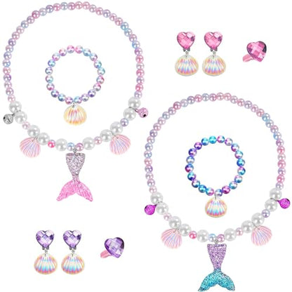 Mermaid Necklace Bracelet Set Mermaid Jewelry Kit Included Shell Necklace Bracelet Ring Earrings Accessories - color: Purple+pink