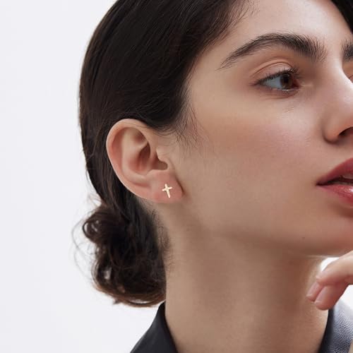 JIAYIQI Minimalist 925 Sterling Silver Stud Earrings Set, 14K Gold Plated Hypoallergenic Tiny Bar Dot Heart Star Studs for Women & Men - style: Gold-Cross-1 Pair