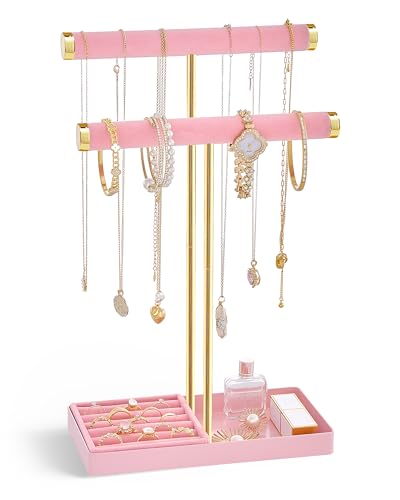 Lolalet 2-Tier Necklace Holder Display, Jewelry Stand with Ring Tray -Pink | Velvet Wrapped Jewelry Organizer, Tall Bracelet Stand for Bangles Watches Earrings, Gifts for Mom Girls Women Mother's Day - color: Pink