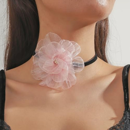 Rose Black Velvet Floral Choker Necklace - Camellia Daisy Rosette - Spring Summer Flower Jewelry - color: Pink 2
