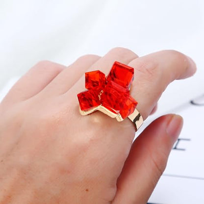 Hebelee Boho Square Crystal Statement Ring for Women Adjustable | Gold-Toned Expandable Promise Engagement Geometric Rings Comfort Fit Elegant Art Deco Christmas Cocktail Y2K Jewelry - color: Red