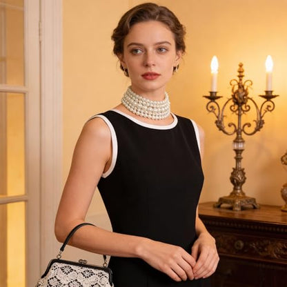 Yolev 5 Layers Boho Round Imitation Pearl Choker Necklace Vintage Multi Strands Pearl Collar Pearl Choker Necklaces for Women Bridal Wedding 20s Flapper Themed Party