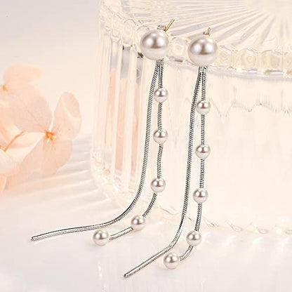 925 Sterling Silver Dangle Earrings with Charms Heart, Water drop, Moon, Star Long Drop Earring for Women Jewelry Gifts Hypoallergenic - color: pearl chain hanging
