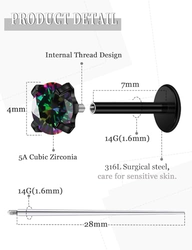18G 16G 14G Internally Threaded Nose Rings Studs Flat Back Earrings Surgical Steel CZ Nose Rings Stud Tragus Helix Conch Cartilage Earrings Stud Piercing Jewelry For Women Men Hypoallergenic - color: Black-Rainbow CZ, size: 14 Gauge-7mm Bar-4mm CZ