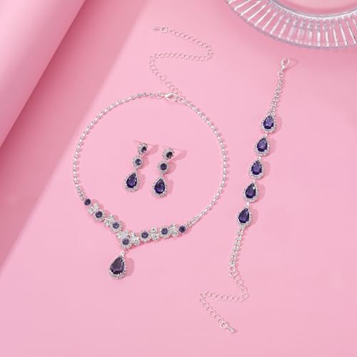 Paxuan Silver/Gold Rhinestone Crystal Wedding Bridal Bridesmaids Earrings Bracelet Set for Women Brides Bridesmaids Crystal Rhinestone Bracelet Earrings Set for Wedding Bridal Prom Pageant - color: Purple