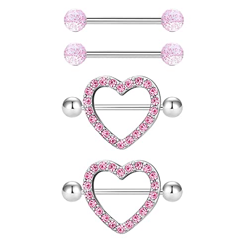 VERAMI 14G Stainless Steel Heart Nipple Rings and Barbell - Butterfly, Starlight Acrylic Ball, Tongue Rings for Women and Men - color: PINK-CZ