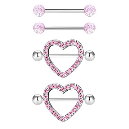 VERAMI 14G Stainless Steel Heart Nipple Rings and Barbell - Butterfly, Starlight Acrylic Ball, Tongue Rings for Women and Men - color: PINK-CZ