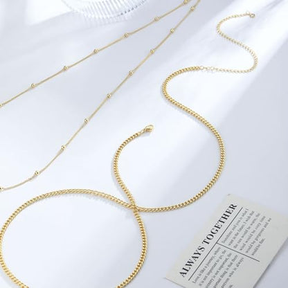 2PCS Gold Silver Waist Chain Adjustable Layered Belly Chain Body Chain Jewelry for Women Sexy Bikini Beach Boho Pearl Beaded Cuban Satellite Waist Chains - style: 2PCS-GD-Cuba+Beads