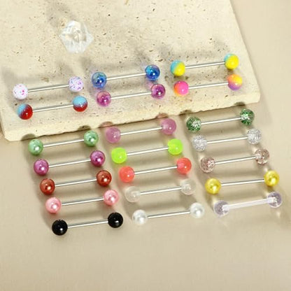 14G Surgical Steel Tongue Rings for Women Men Acrylic Clear Tongue Piercing Jewelry Teaser Slave Ring Skull/Flower/Silicone Soft Spike Ball/CZ/Door Knocker/Pill Tongue Barbell Bars 5/8inch - color: 20pcs mix