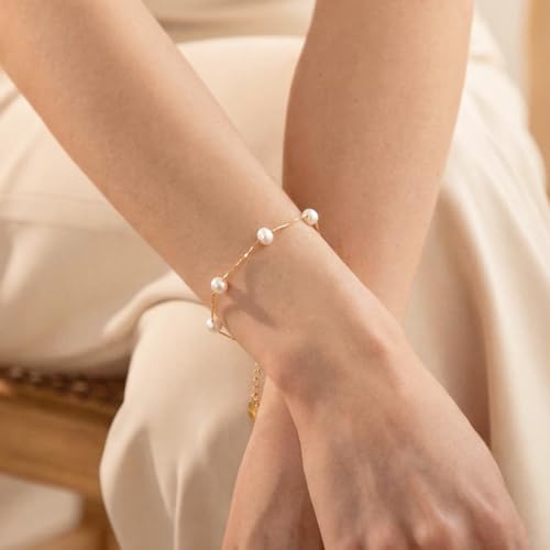 6-7 Inches Pearl Bracelet VeroSteel Dainty Beaded Bracelet for Women, Stainless Steel Gold Plated Hand Chain Bracelet, Cute Bead Bracelets Made with Fresh Water Pearls, Trendy Link Bracelets for women