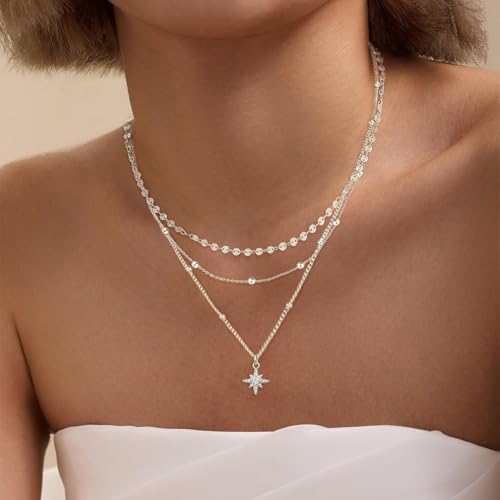XIXINI Layered Necklaces for Women, Dainty Gold Necklace Stack 14k Gold Plated Layering Pendant Necklace Set Simple Statement Gold Necklaces for Women Trendy Fashion Waterproof Gold Jewelry - color: Silver-Set 5
