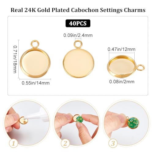 Beebeecraft 1 Box 40Pcs Flat Round Charm 24K Gold Plated Brass 12mm Blank Bezel Tray Charms Cabochon Settings with Loop for Jewelry Making - color: Gold, size: 12mm 40pcs