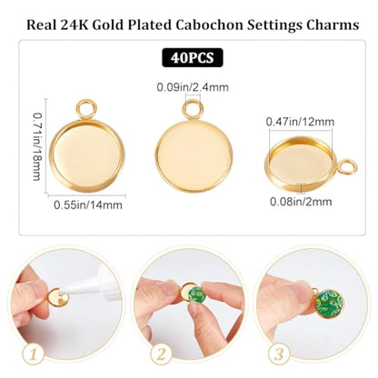 Beebeecraft 1 Box 40Pcs Flat Round Charm 24K Gold Plated Brass 12mm Blank Bezel Tray Charms Cabochon Settings with Loop for Jewelry Making - color: Gold, size: 12mm 40pcs