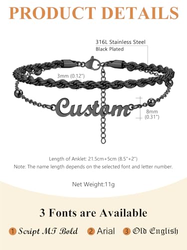 Custom4U Custom Name Anklet Bracelets for Women Waterproof Beaded/Figaro/Cuban/Rope/Wheat Chain Anklet Stackable Gold Plated Non Tarnish Custom Beach Gift Barefoot Summer Jewelry for Her - color: E03-Black Rope Chain
