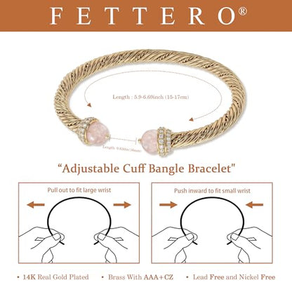 Fettero Gold Cuff Bangle Bracelets for Women - Adjustable Open Cuff Bangles 14K Gold Plated Charm Twisted Cable Bangle Bracelet for Mom Dainty Jewelry Gift - color: Pink