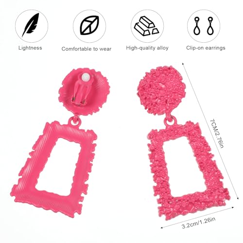 Clip on Earrings for Women, Big Statement Geometric Earrings Large Shiny Drop Dangle Earrings Non Pierced (Gold/Silver/Hot Pink) - color: Hot pink