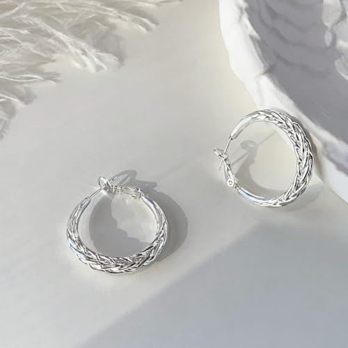 Hoop Earrings for Women, 14K Gold Sterling Silver Chunky Twisted Hoops Earring Hypoallergenic Ear Jewelry - color: 30mm-Silver