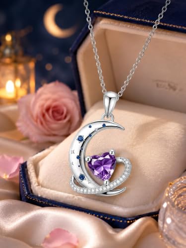Birthstone Necklace for Women White Gold Moon and Star Pendant Moon Jewelry Anniversary Birthday Gifts for Mom Wife Her - color: 02. February - Amethyst