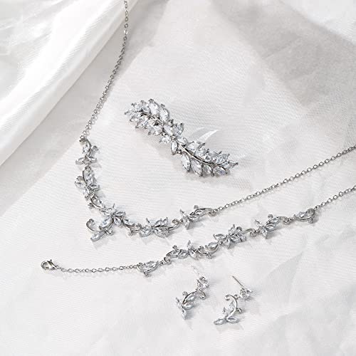 Crysdue Flower Leaf Wedding Jewelry Set for Bridal Bridemaid, Cubic Zirconia Teardrop Elegant Silver/14K/Rose Gold Plated Vine Necklace Dangle Earrings for Prom Party - style: C_Four Set Silver
