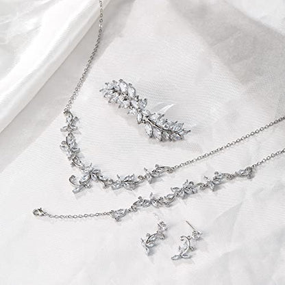 Crysdue Flower Leaf Wedding Jewelry Set for Bridal Bridemaid, Cubic Zirconia Teardrop Elegant Silver/14K/Rose Gold Plated Vine Necklace Dangle Earrings for Prom Party - style: C_Four Set Silver